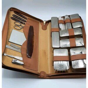 Men's Vintage Brown Leather Toiletry Grooming Travel Kit Metal Lids Complete Zip